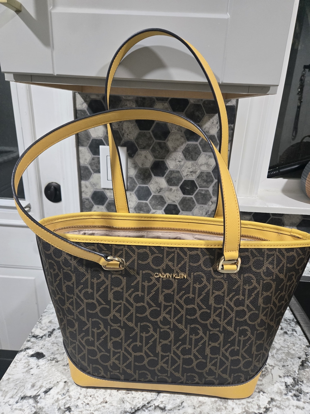 Calvin Klein Brown Monogram Tote with Yellow Trim